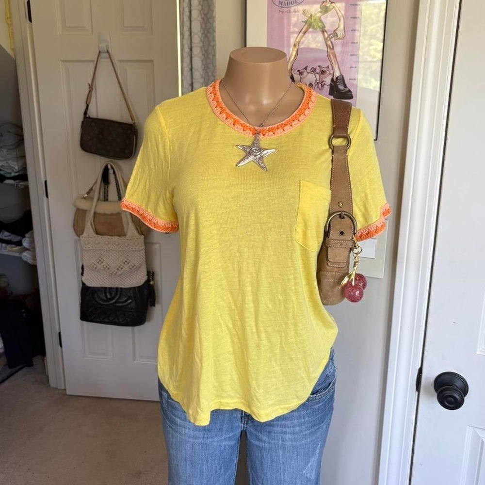 Y2K 2000s Yellow Crochet Trim Baby Tee